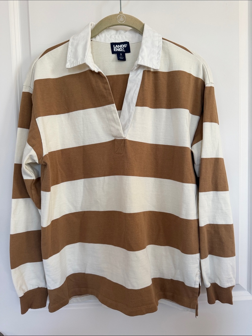 Lands' End Wide-Stripe Rugby Pullover in Cream and Brown - Picture 1 of 6